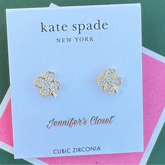Kate Spade Lucky Charm Gold-Tone Pavé Crystal Clover Stud Earrings NWT - Picture 8 of 8